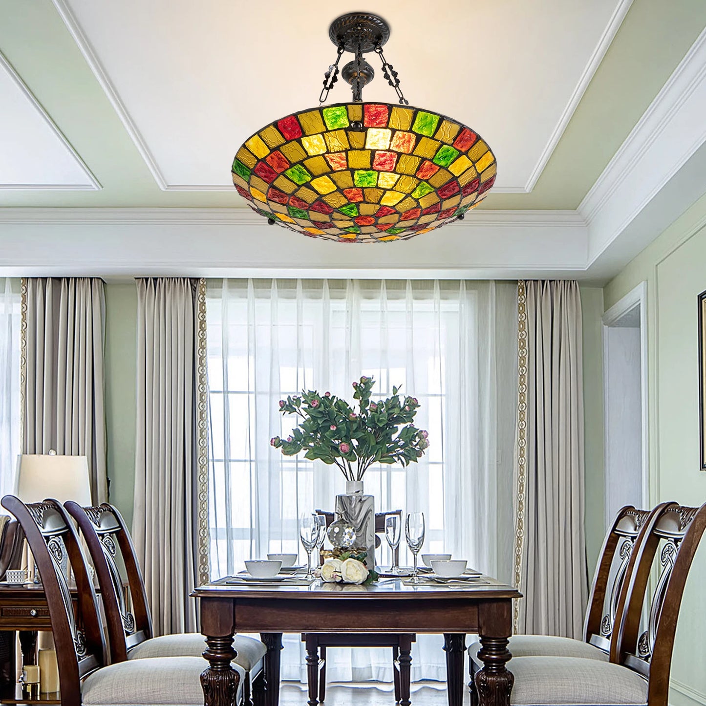 Bymaocar 60W Antique Stained Glass Inverted Tiffany Pendant