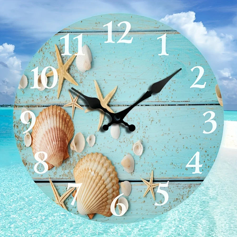 XMSJ Tropical Seashells Starfish Wall Clock With Sand Beach Decor