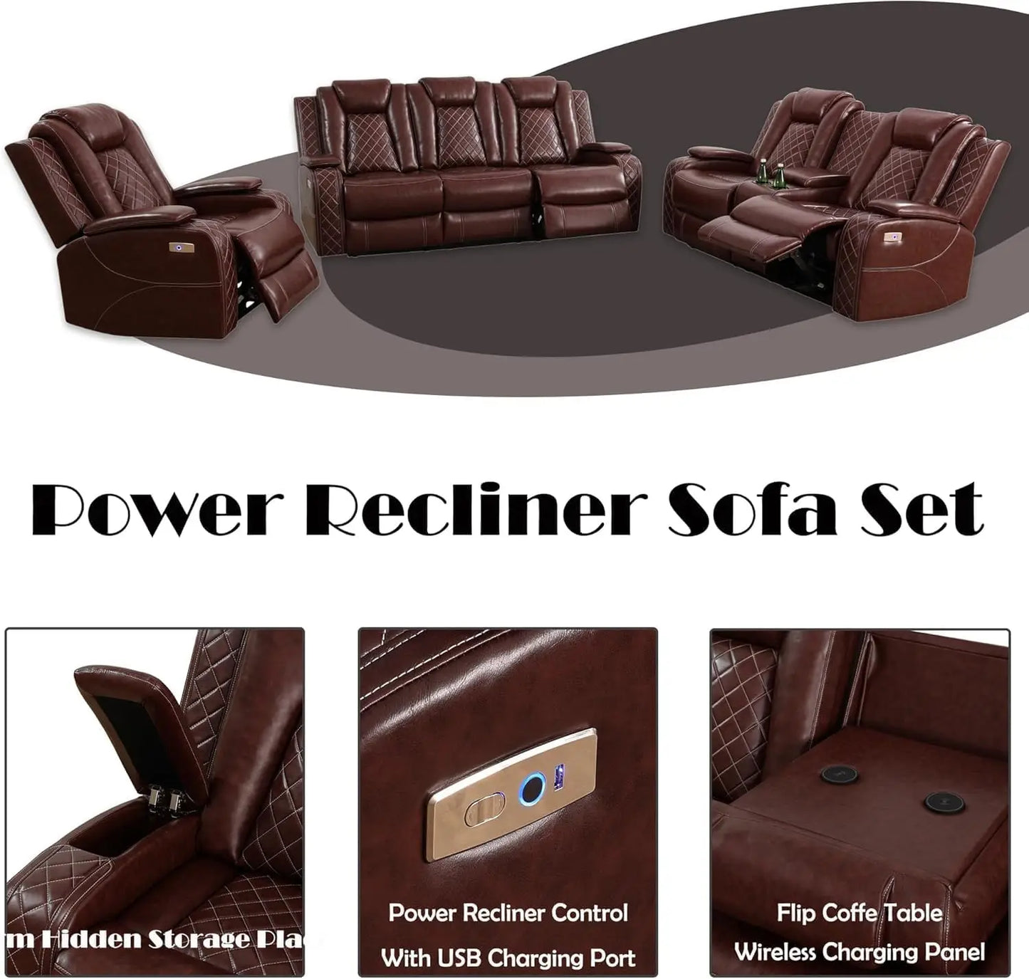 Power Leather Recliner Sofa Set With LED And USB Charging