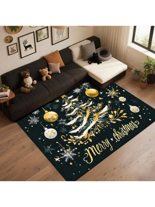 Christmas Golden Tree Pattern Area Rug For Living Room Decoration