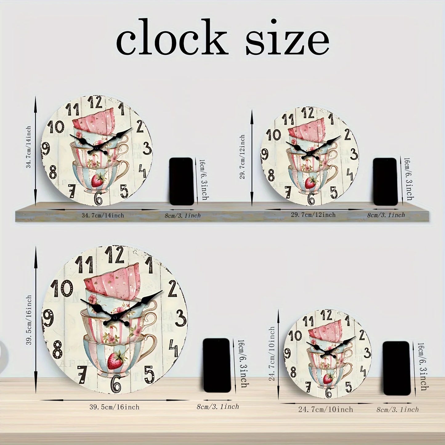 XMSJ Vintage Tea Coffee Cup Wooden Wall Clock Silent Analog