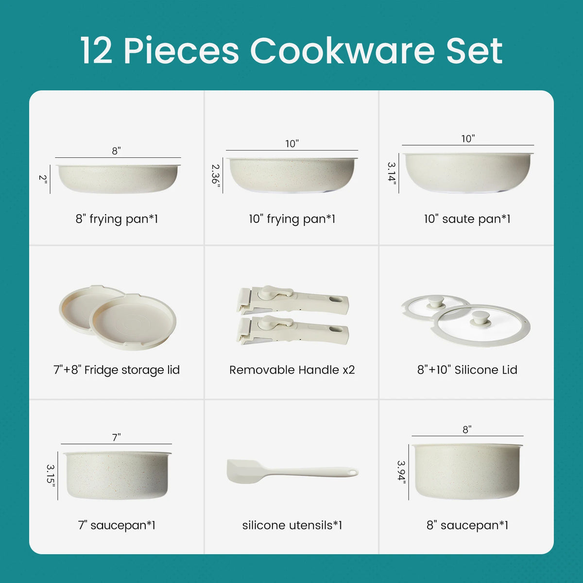 Nonstick Granite Cookware Set With Detachable Handles And Glass Lids