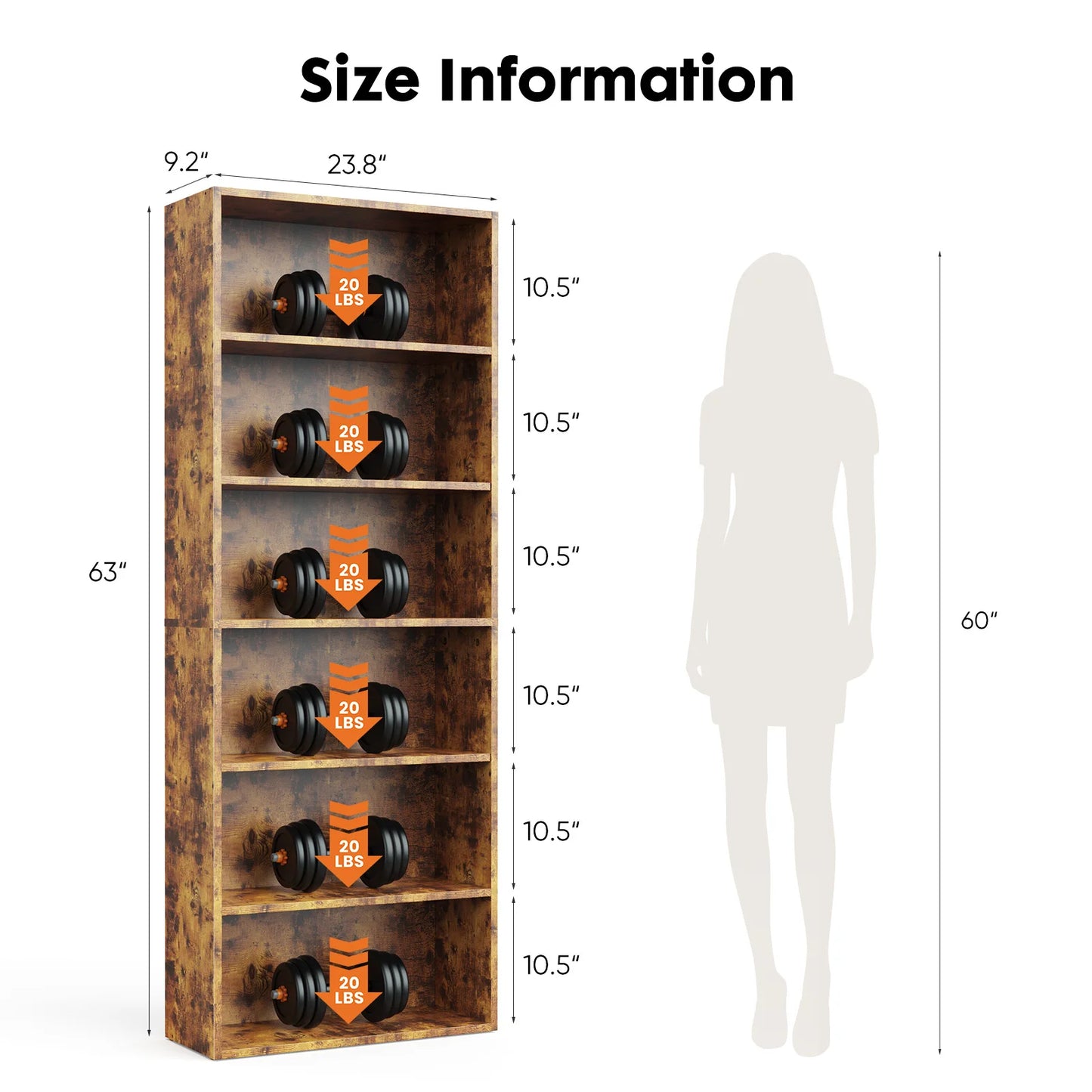 JHK Six Tier Wooden Bookcase For Home Office Storage