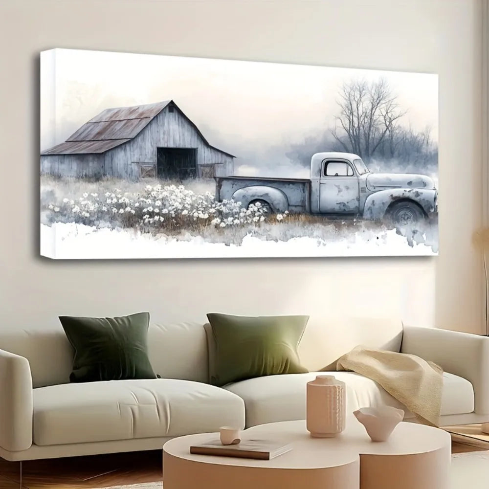 Pine Solid Wood Frame Canvas Print Of Antique Country Trucks