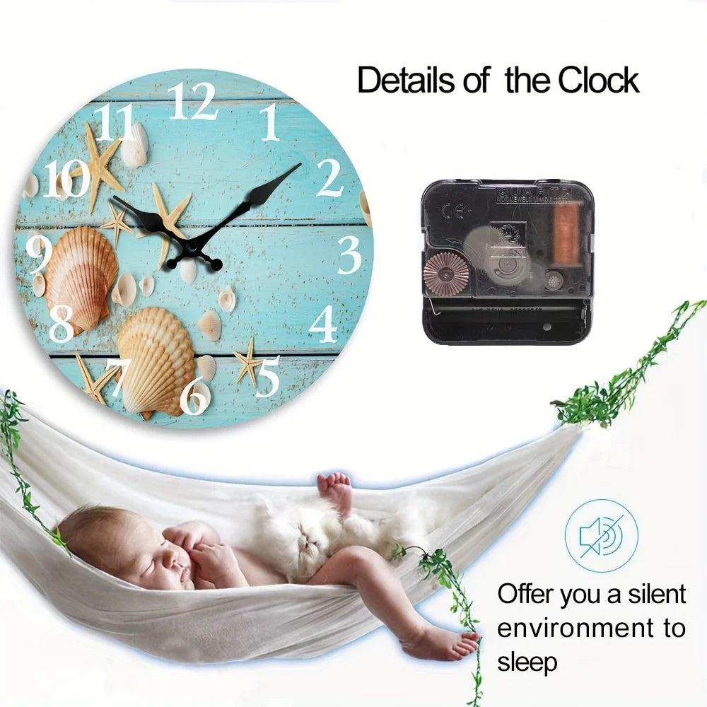 XMSJ Tropical Seashells Starfish Wall Clock With Sand Beach Decor