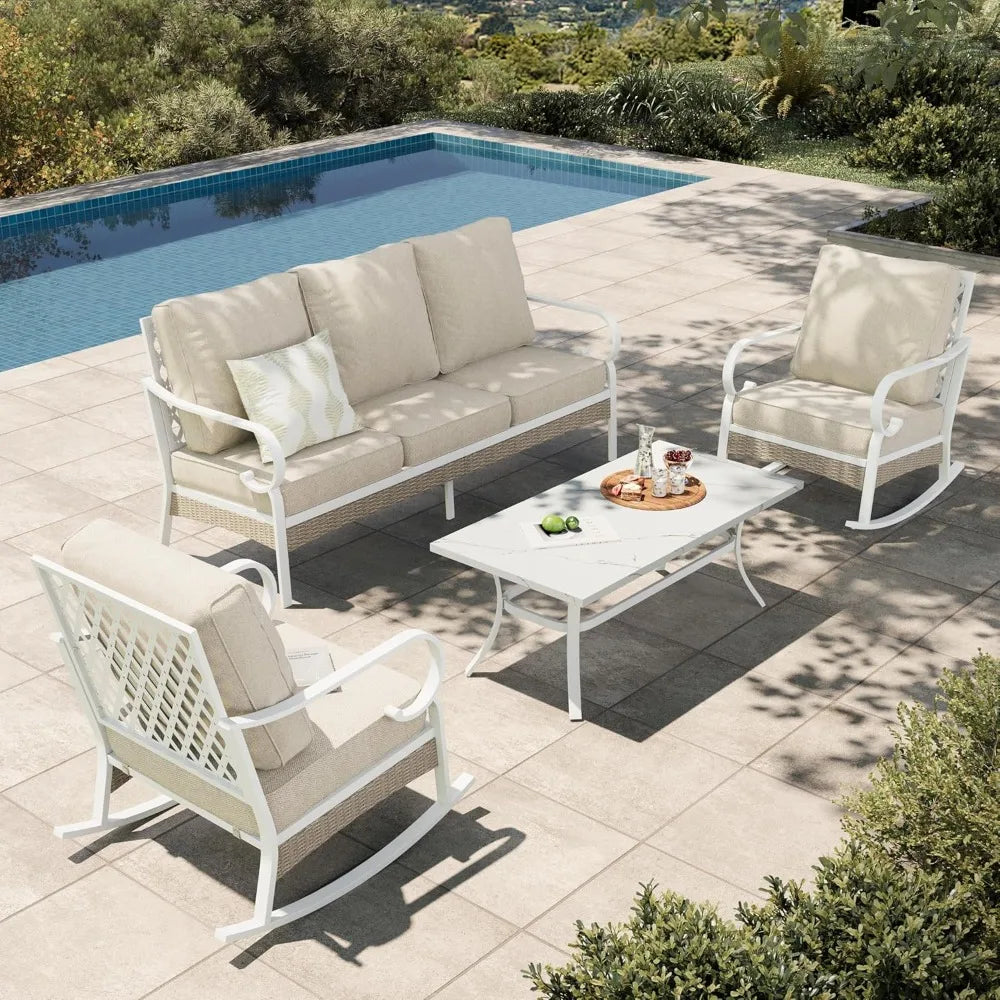 Outdoor 4-Piece Patio Set With Metal And Rattan Rocking Chairs And Marble Table