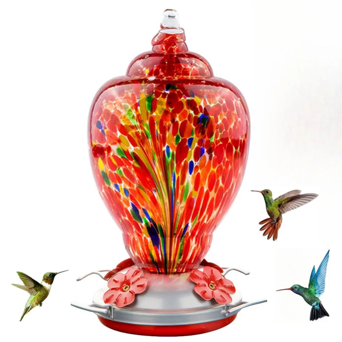 Hand Blown Glass Hummingbird Feeder With Ant Moat For Gardens
