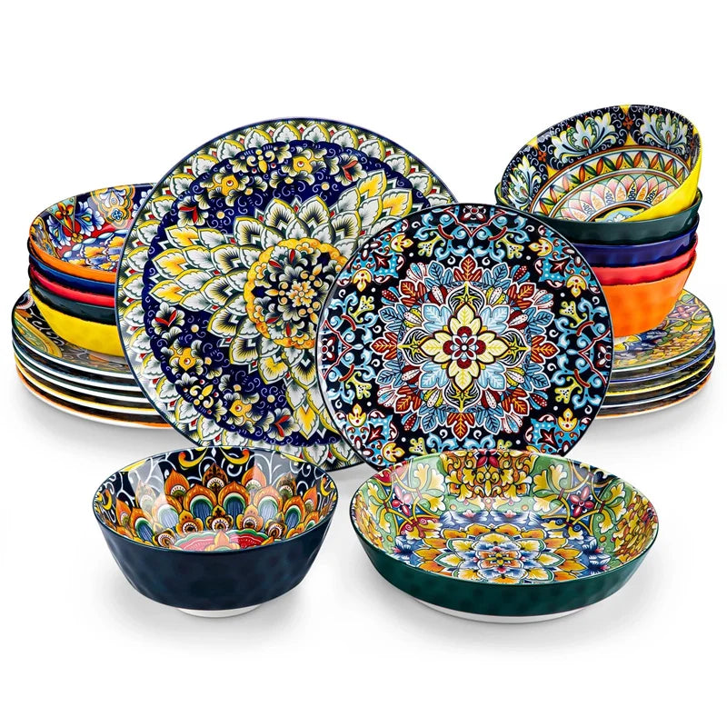 Retro 24-Piece Ceramic Dinnerware Set With Plates And Bowls