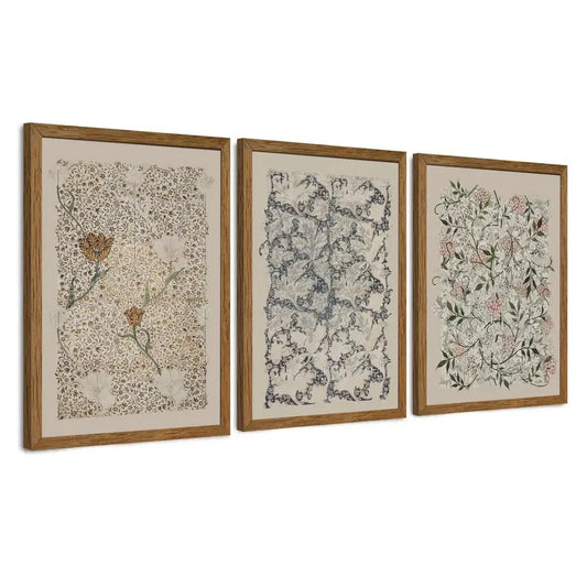 William Morris 3-Piece Framed Wall Art Set Neutral Abstract Floral Prints