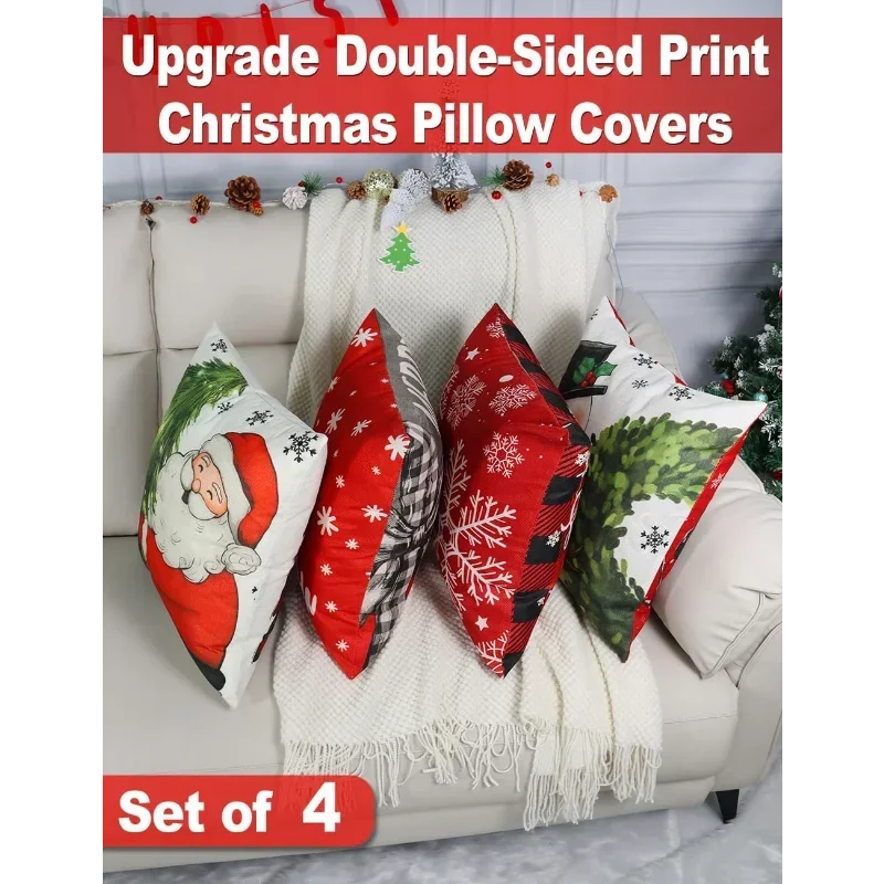 Set Of 4 Double Sided Christmas Throw Pillows 8 Patterns