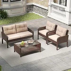 5 Piece Patio Conversation Set PE Wicker With Glass Table