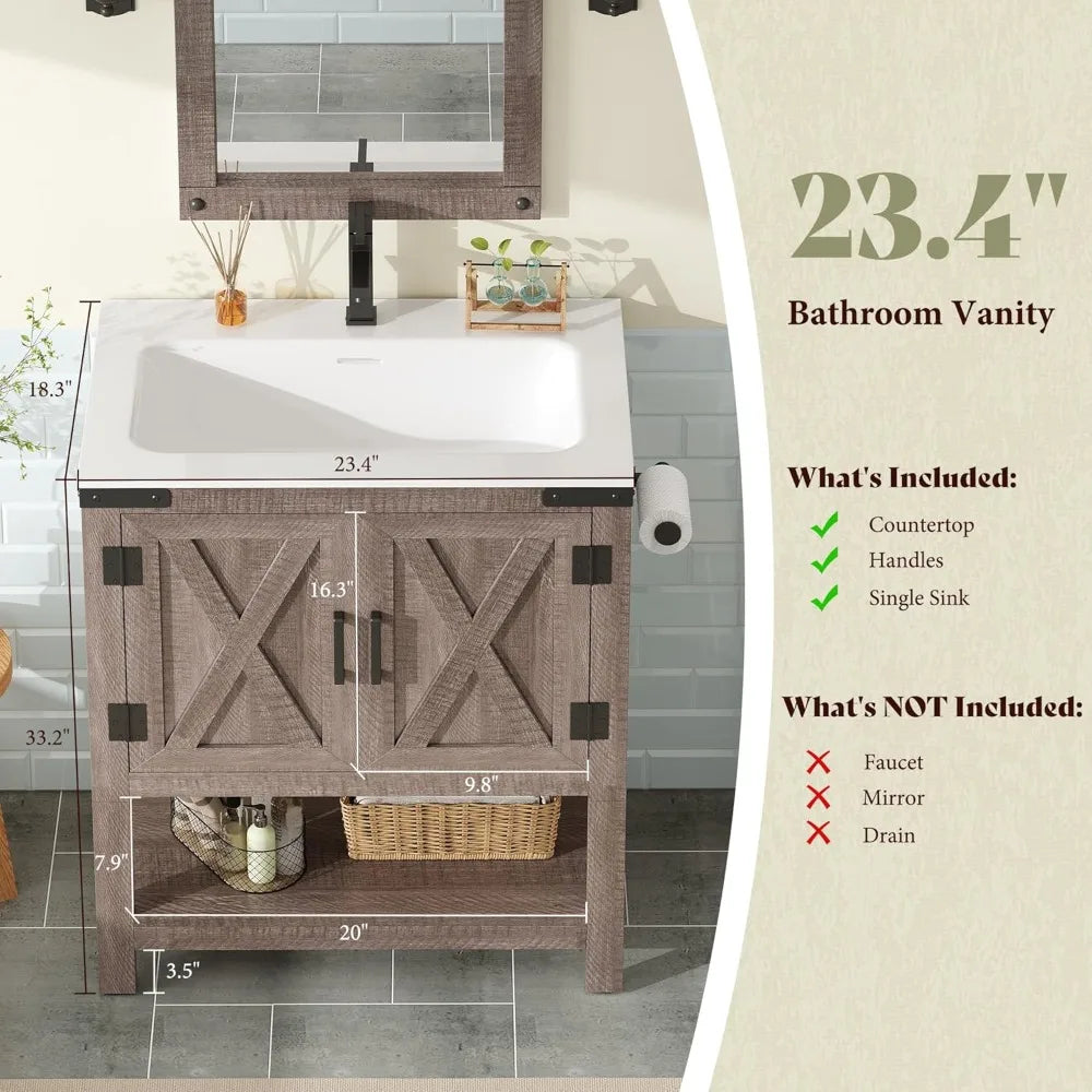 Farmhouse Bathroom Vanity With Sink And Barn Doors Open Shelf