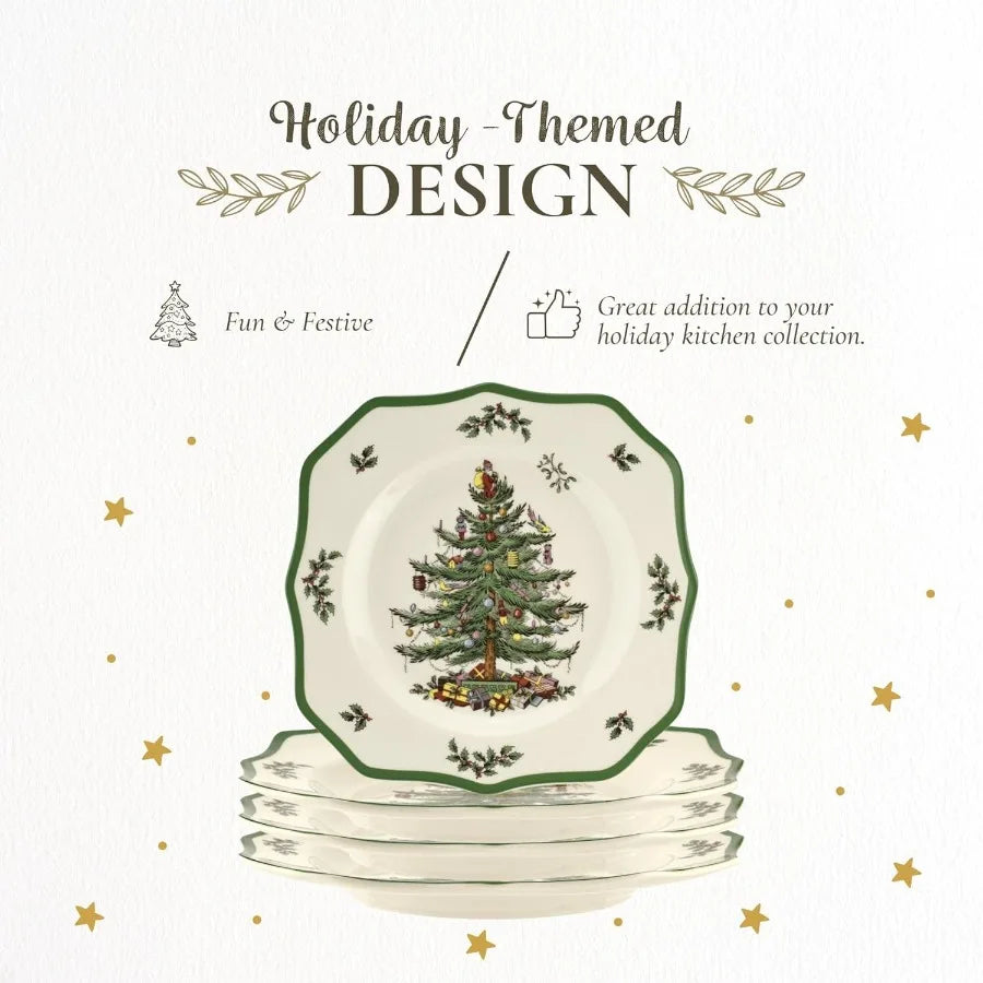 Christmas Tree Scalloped Dinner Plates Set of 4 Stoneware Dishes