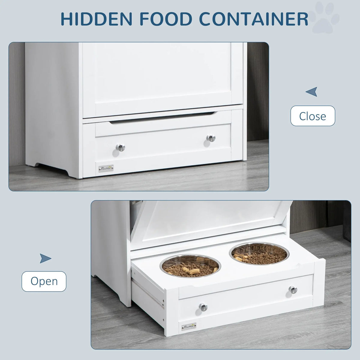 Pet Feeder Station With Storage And Two Raised Dog Bowls