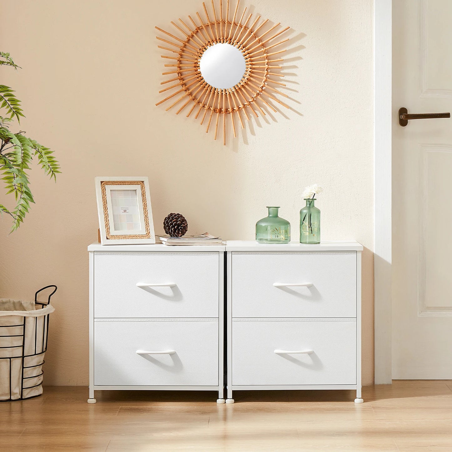 JHK Modern Nightstand With Dual Fabric Drawers And Metal Frame