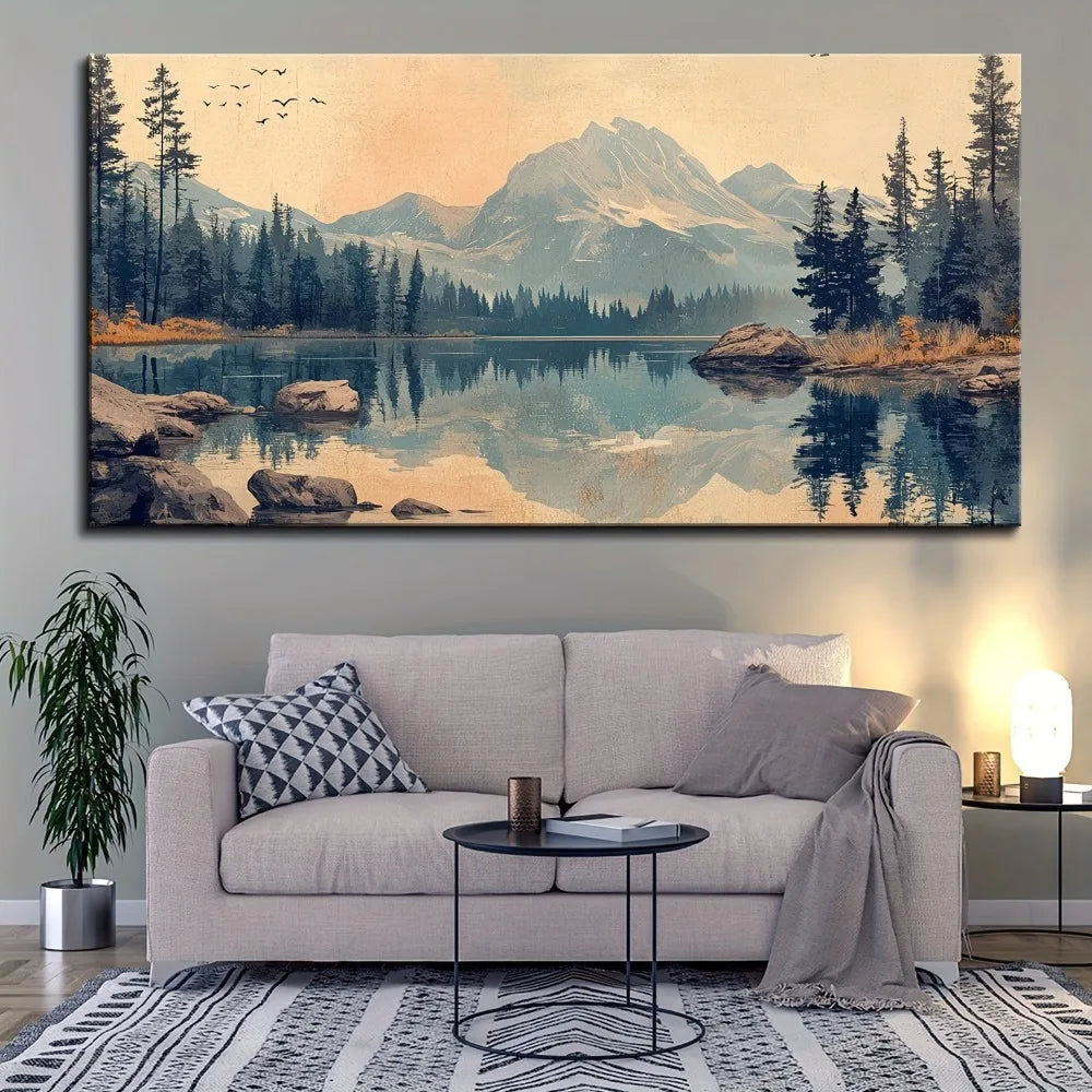 Canvas Mountain Landscape Mural In Pine Wood Frame Waterproof Odorless