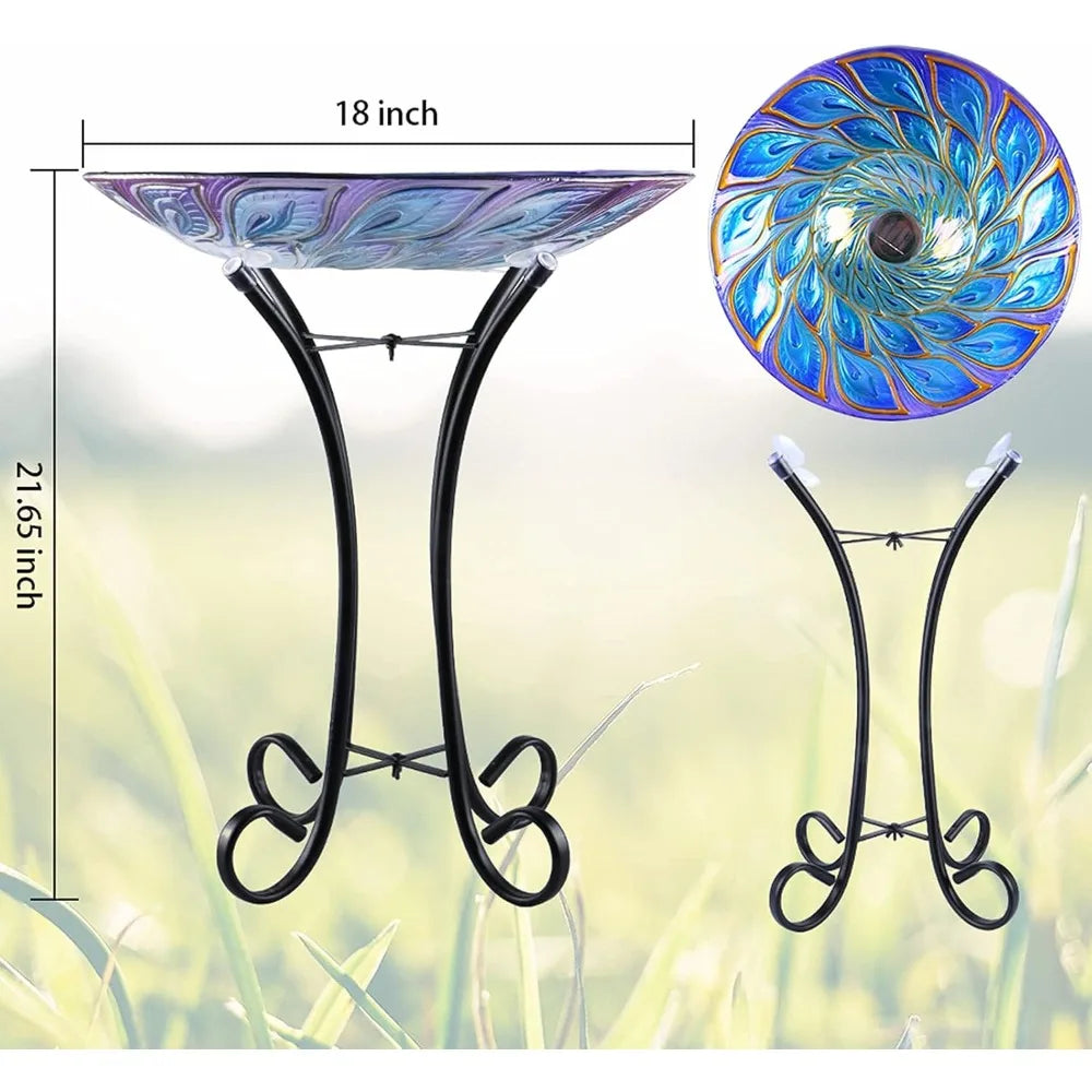 Solar Led Glass Bird Bath With Metal Stand For Garden