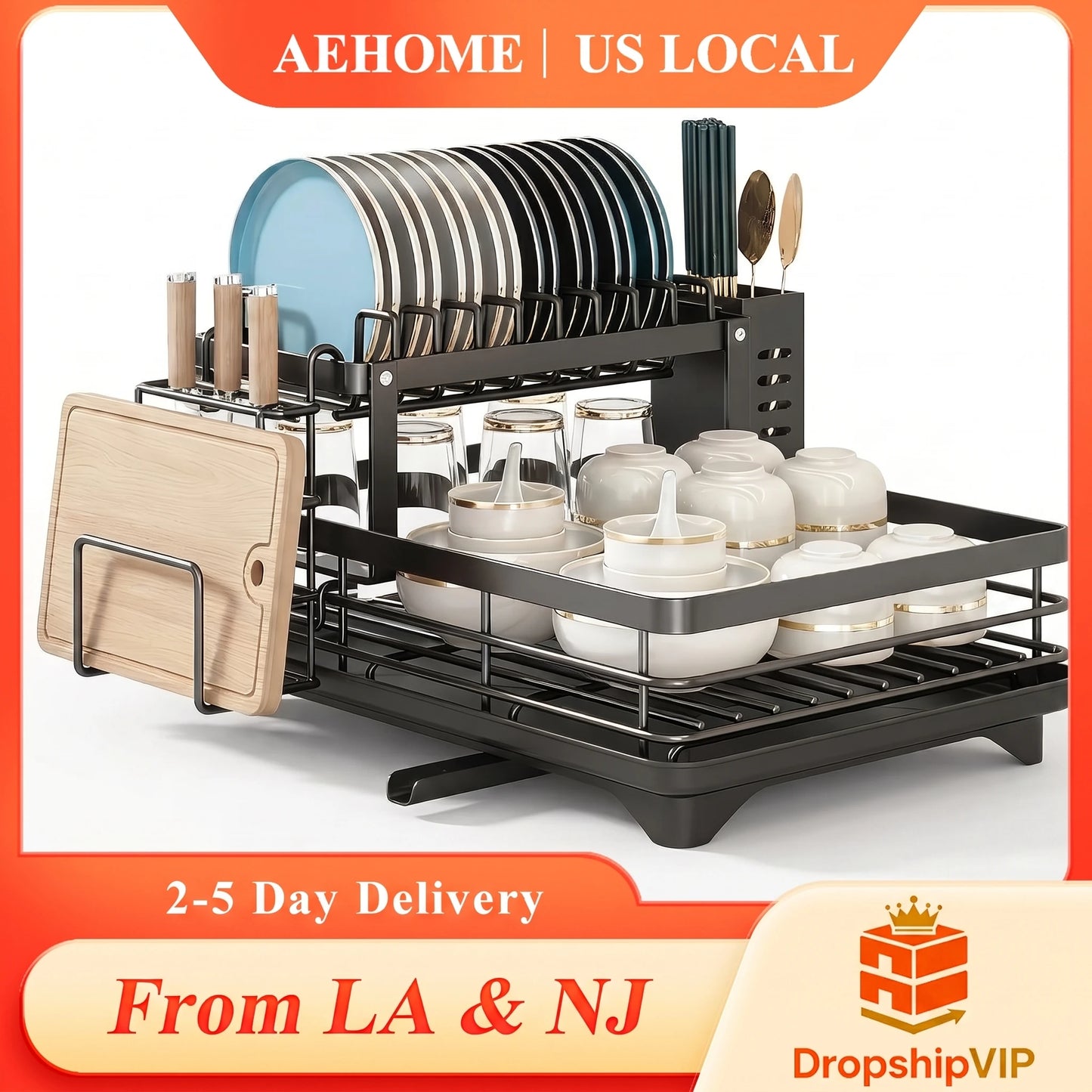 AEHOME Two Tier Expandable Dish Rack With Drainboard And Organizer
