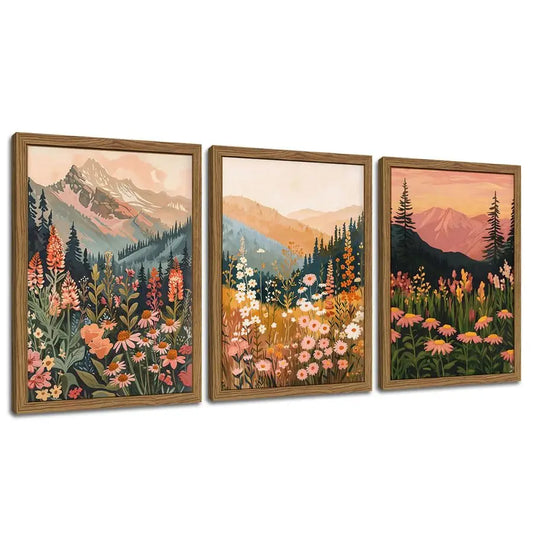 Colorful Landscape Wall Art Wildflower Mountain Rustic Nature Canvas