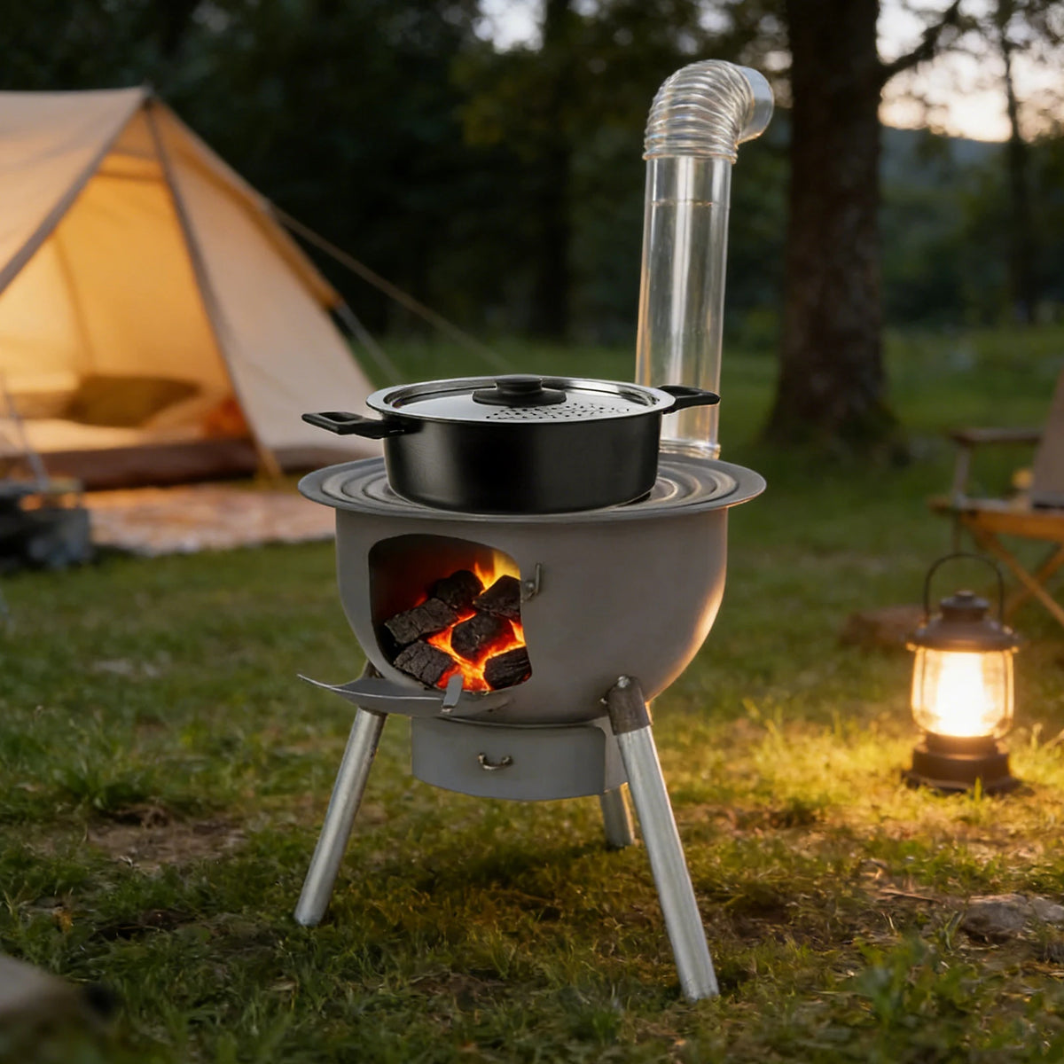 Portable Wood Burning Stove with Grill and Three Pot Rings