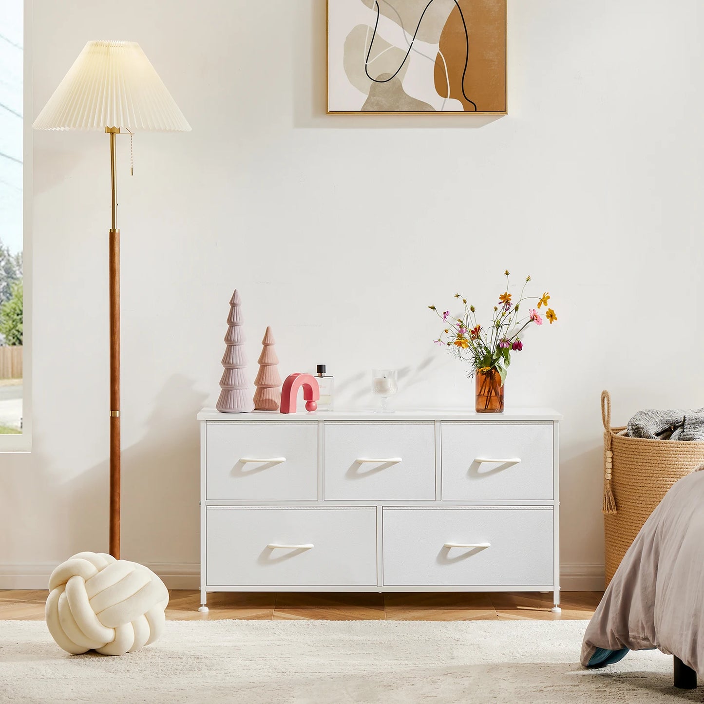 MCQ Five Drawer Fabric Storage Tower Wooden Top Metal Frame