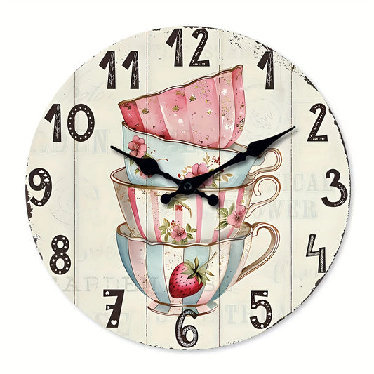 XMSJ Vintage Tea Coffee Cup Wooden Wall Clock Silent Analog