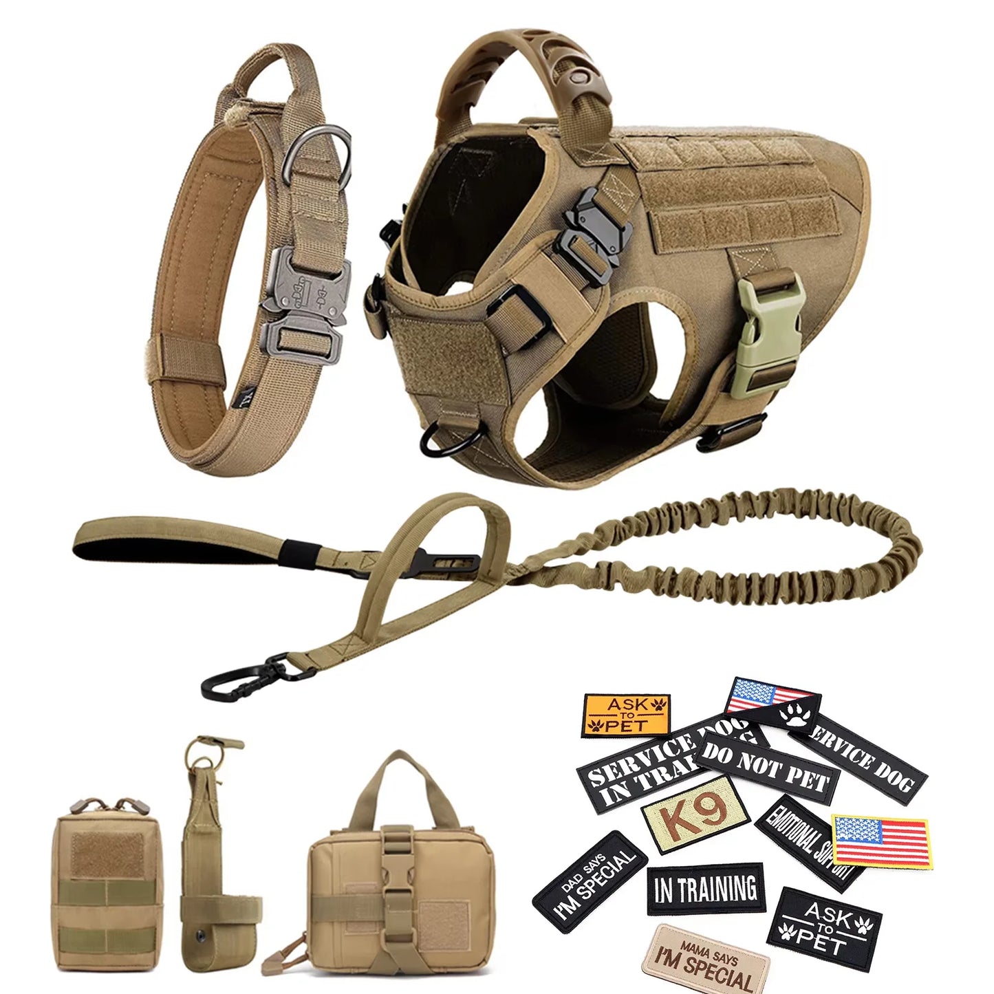 Military Large Dog Harness Set With Patches And Leash Accessories