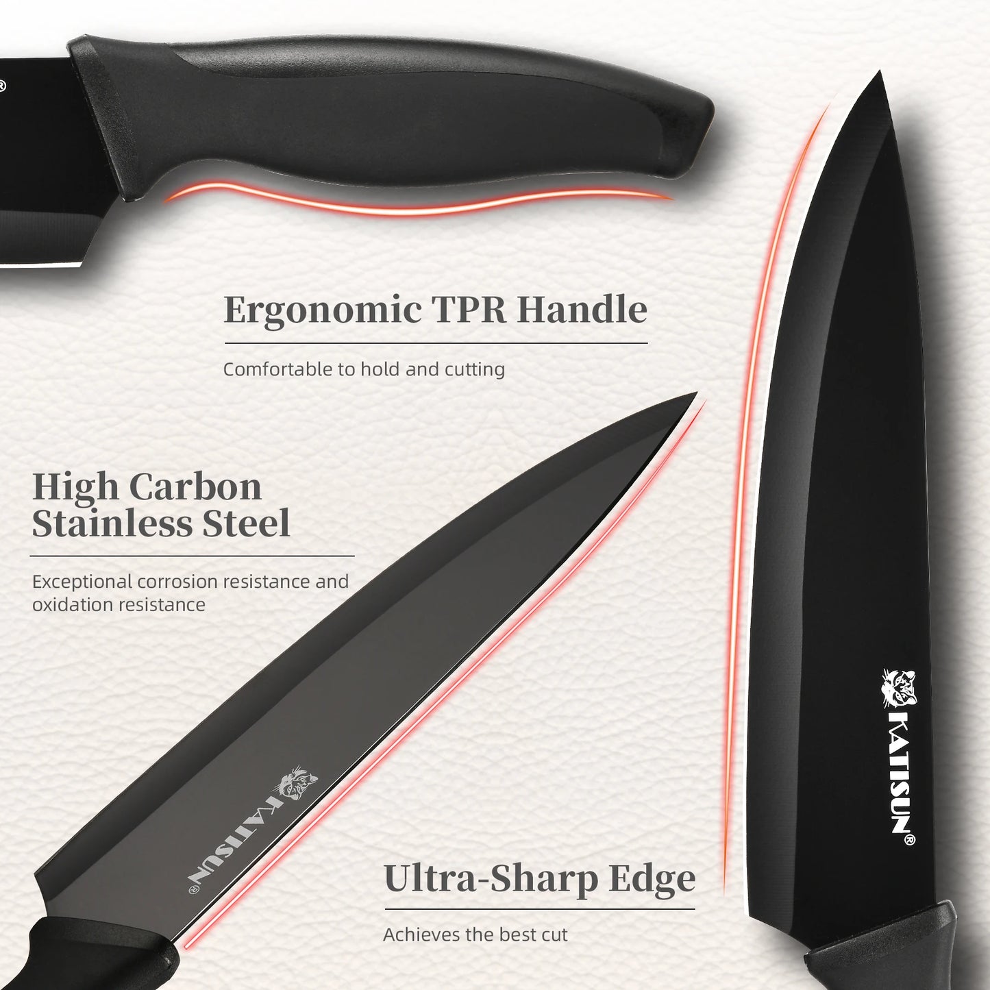 KATISUN Carbon Steel Kitchen Knife Block Set With Sharpener