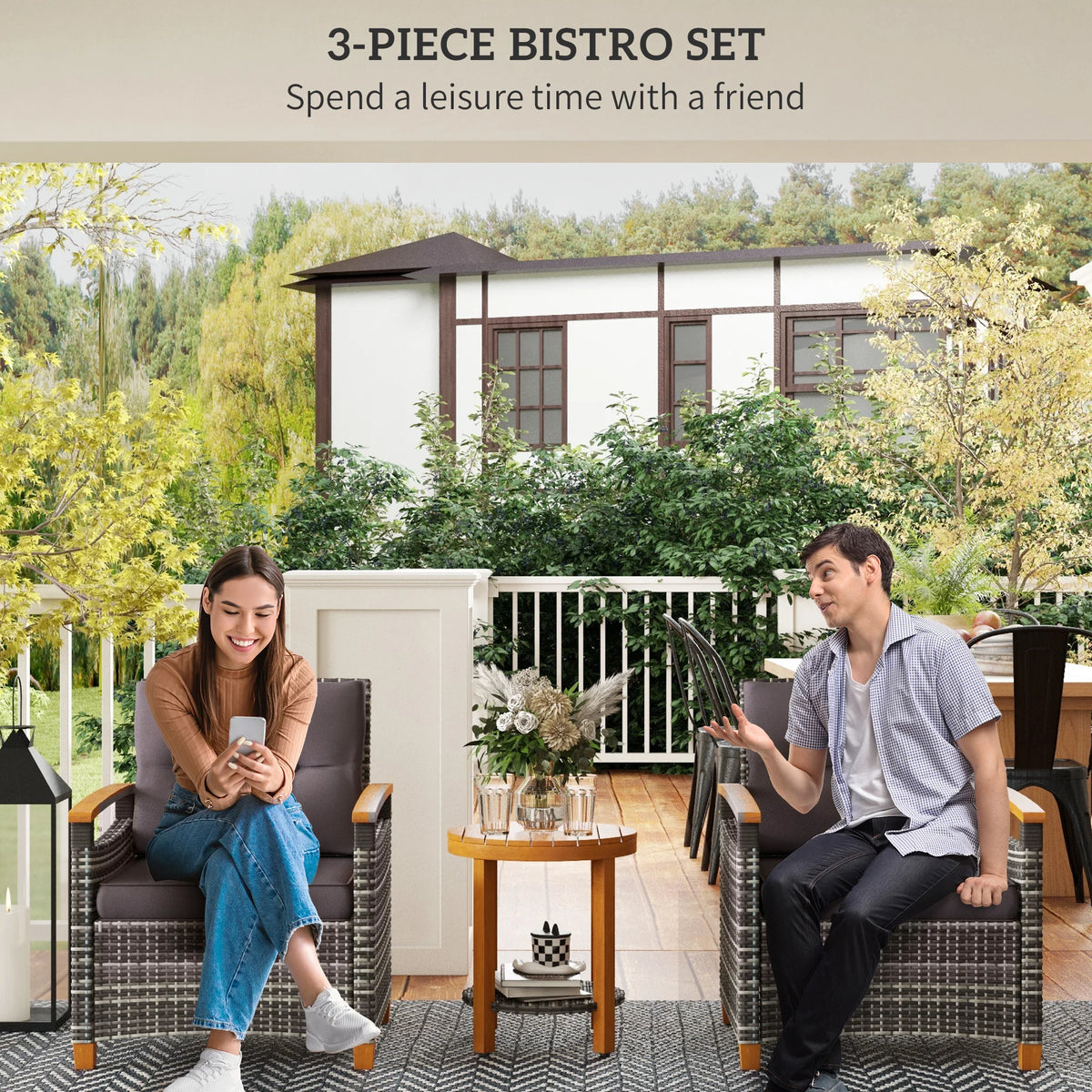 Outsunny Wicker Outdoor Patio Bistro Set With Cozy Garden Cushions