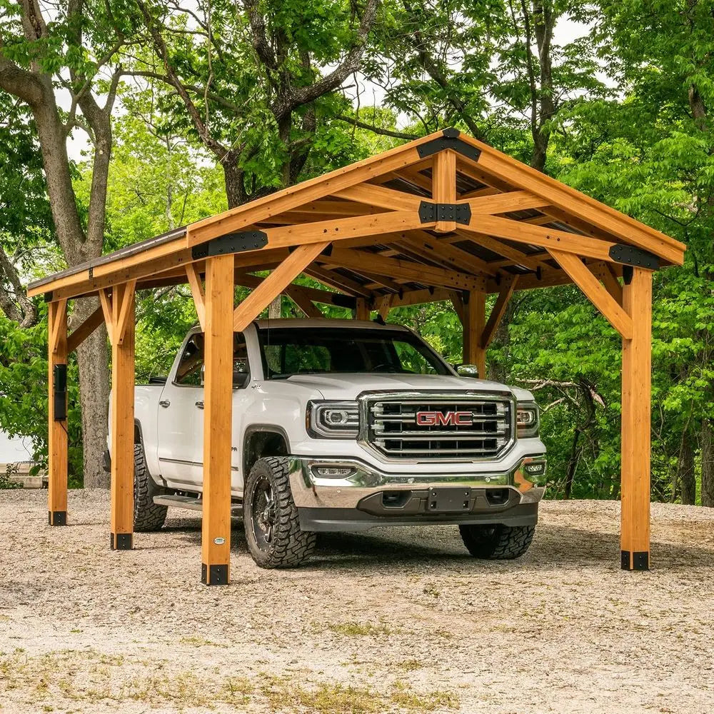 Cedar Wood Carport Pavilion With Steel Roof For Outdoor Shelter