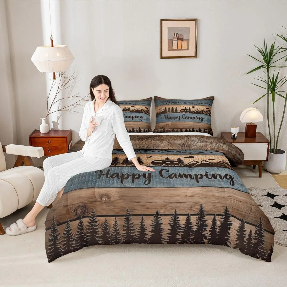 YTYIN Happy Camping Comforter Set With Camper Themed Pillow Cases