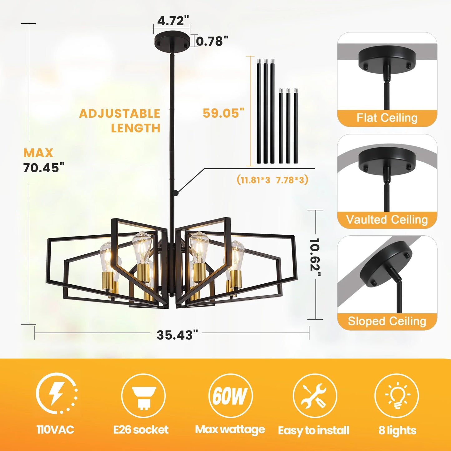 Geometric 8-Light Chandelier With Adjustable Height Metal Pendant