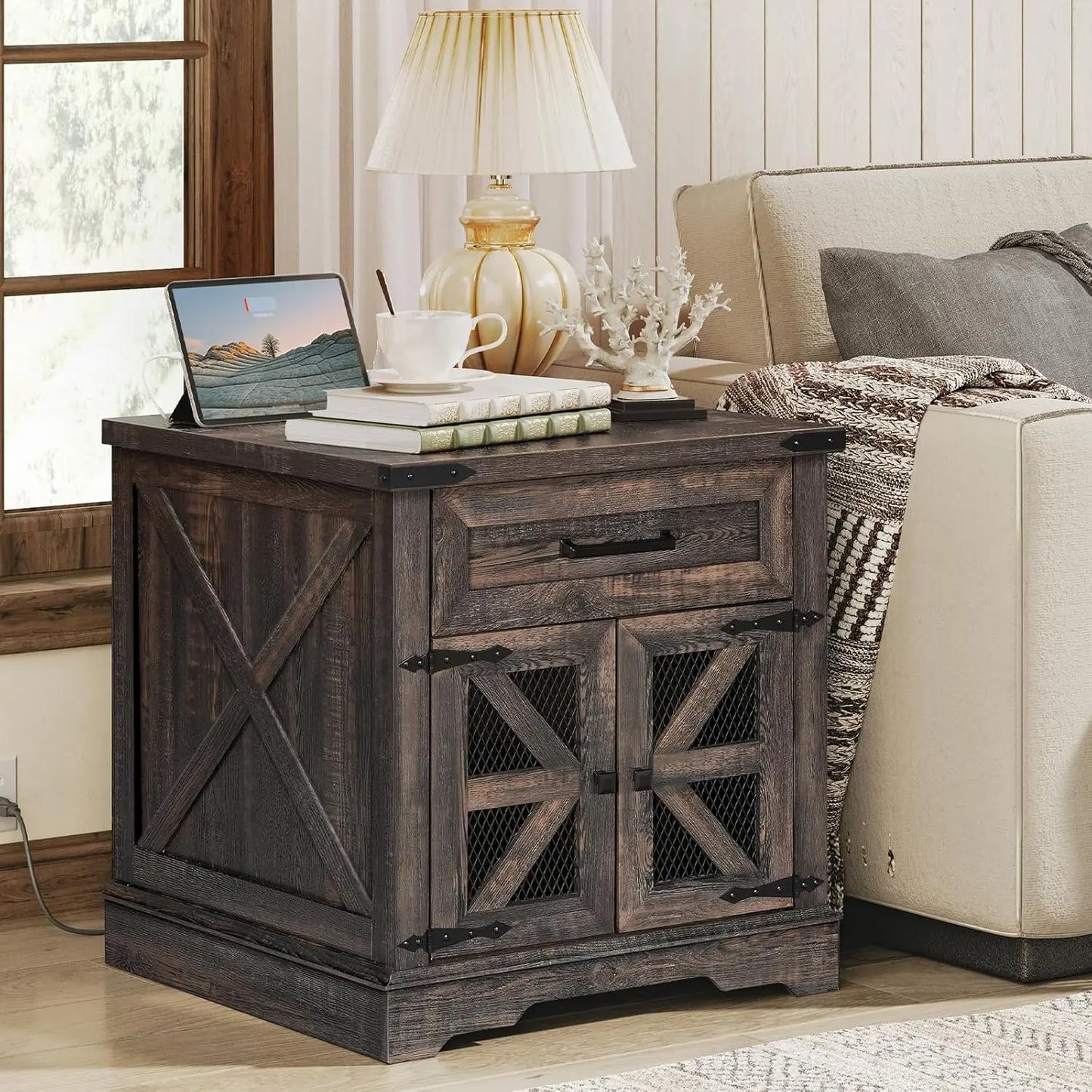 End Table With Charging Station USB Outlet Drawer Wood