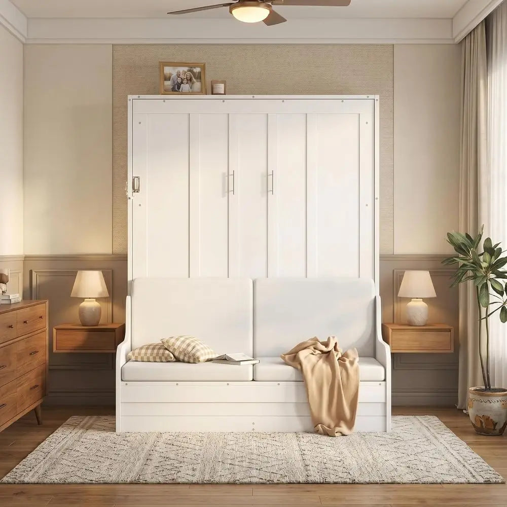 Wooden Murphy Wall Bed With Sofa And Cushioned Seating