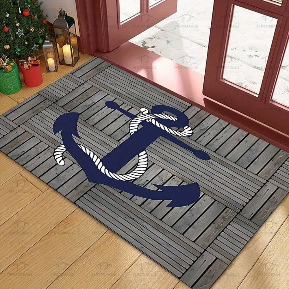 Nautical Doormat Anchor Rug Coastal Welcome Mat Non-Slip Beach House