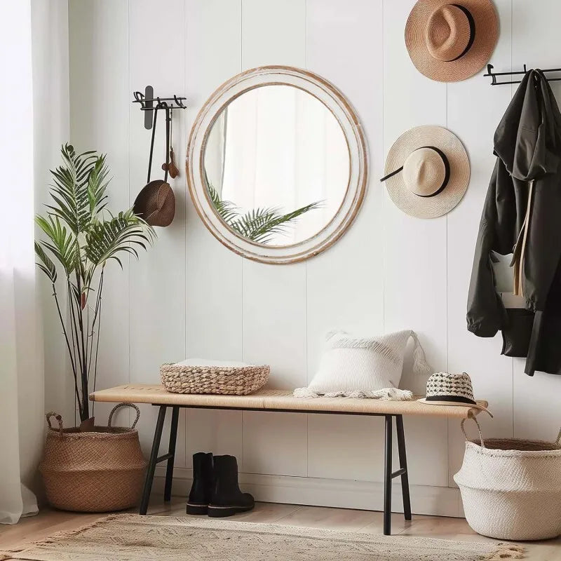 Round Wall Mirror Farmhouse Wood Circle For Bathroom And Hallway