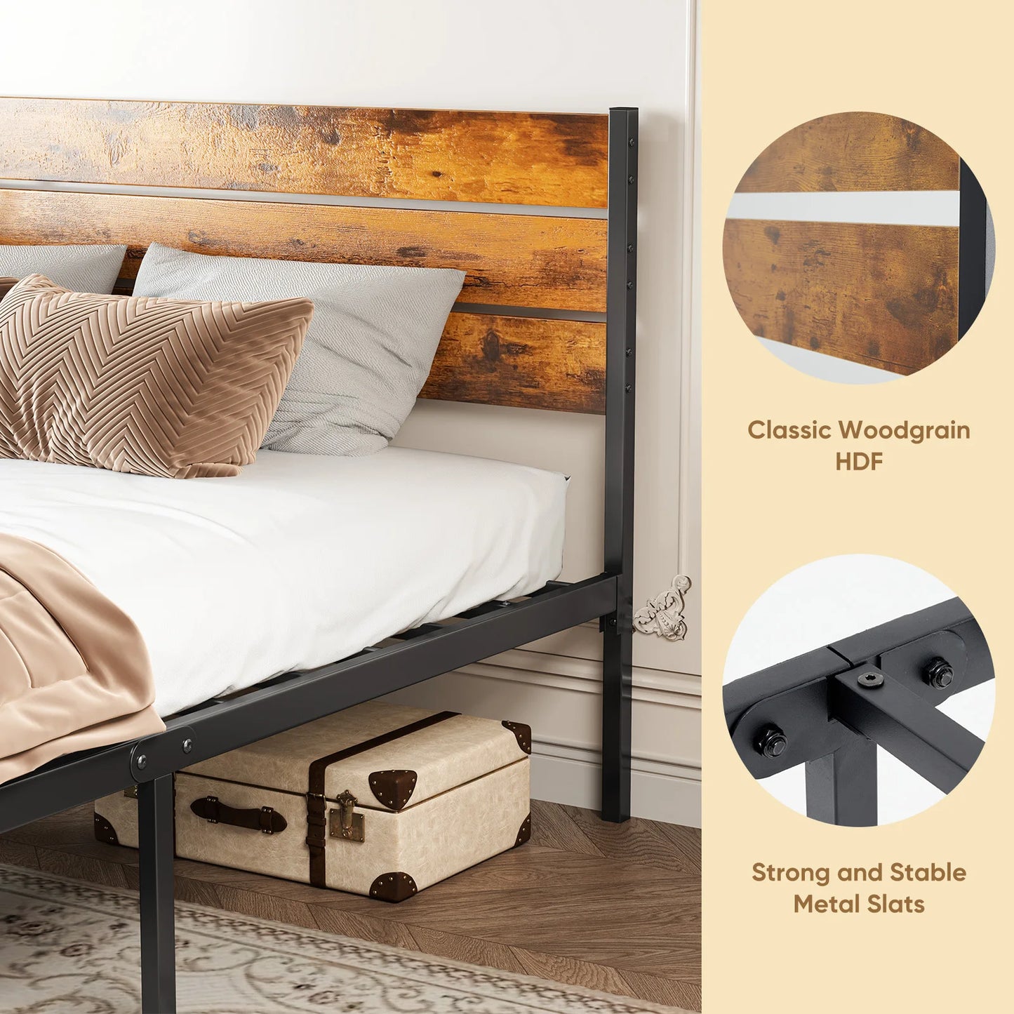 MCQ Wooden Headboard and Metal Platform Bed Frame with Slats