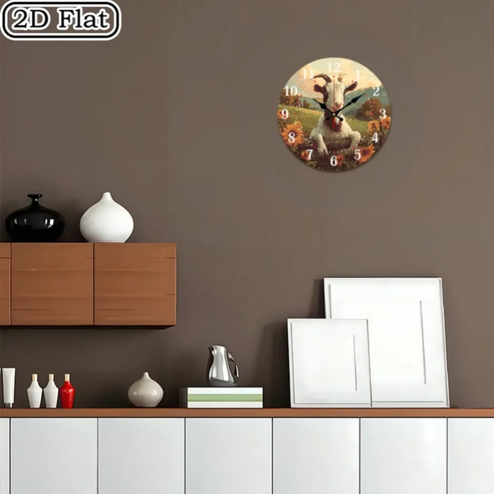 XMSJ 10 Inch Smiling Goat Sunflowers Wooden Wall Clock