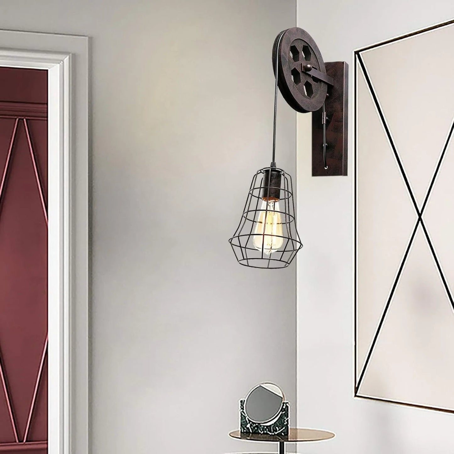 Bymaocar Industrial Wall Sconce Lights Lift Pulley Iron Cage