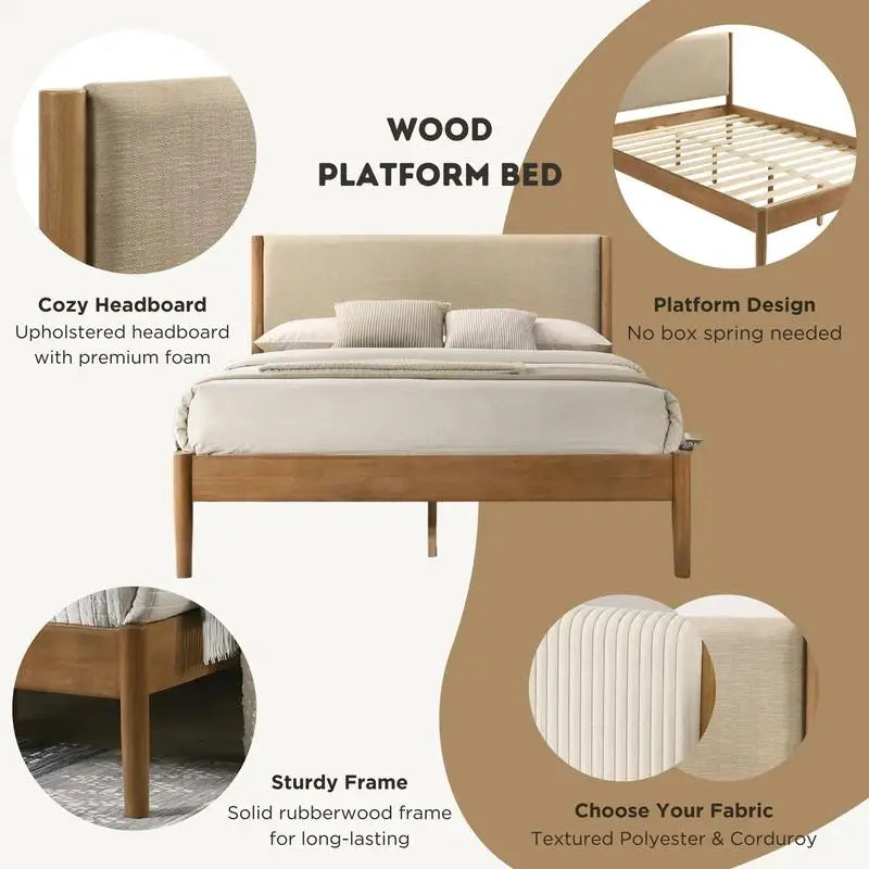 Rubberwood 6-Piece Bedroom Set With Upholstered Queen Bed, Dresser, Mirror