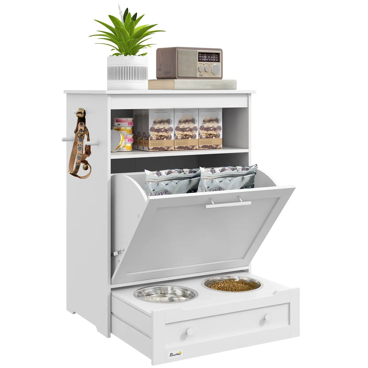 Pet Feeder Station With Storage And Two Raised Dog Bowls
