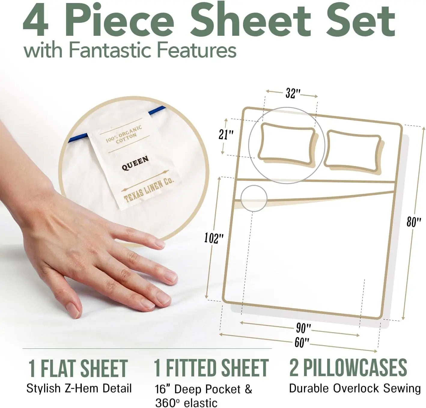 Organic Cotton Percale Sheet Set 4 Piece Soft Breathable Hotel Quality Bedding