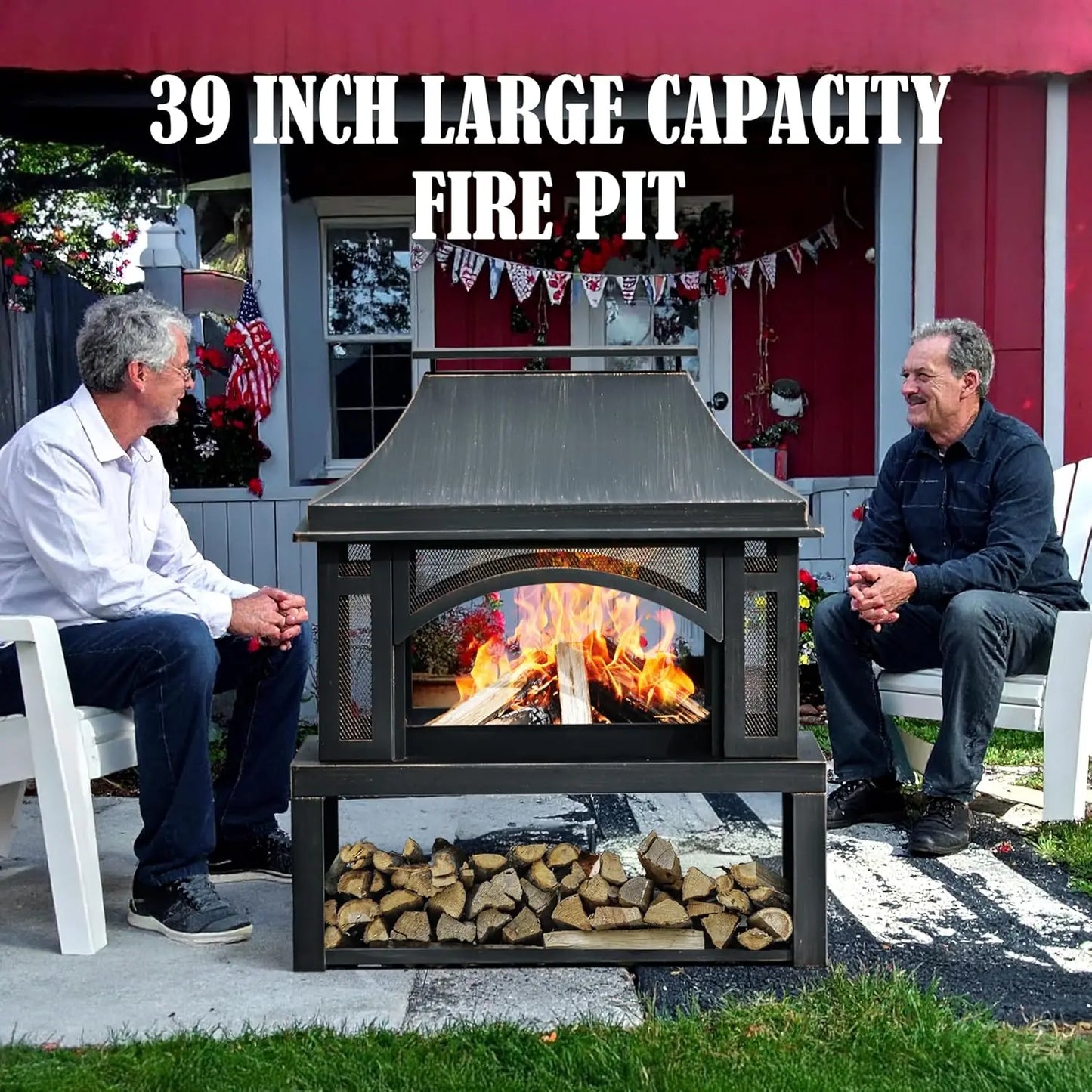 Outdoor Wood Burning Fire Pit With Wood Storage And Chimney
