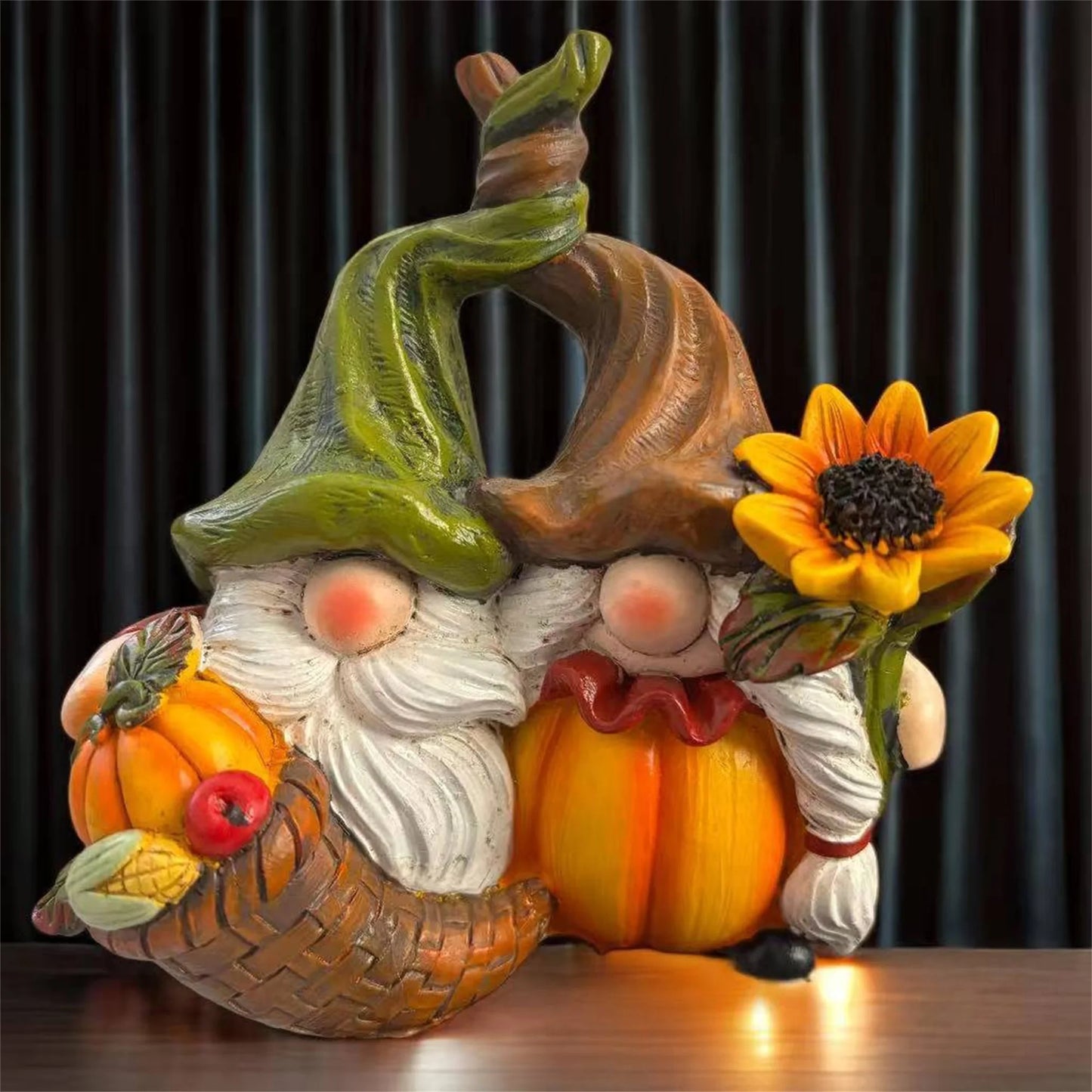 Autumn Harvest Gnome Figurines With Sunflower And Pumpkin Accents