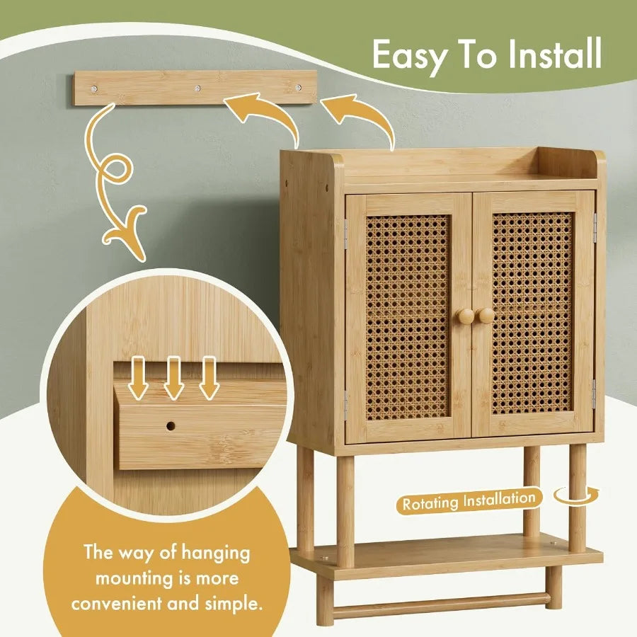 XIUWO Bamboo Bathroom Wall Cabinet With Rattan Door