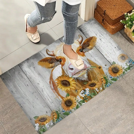 Farmhouse Cow Doormat Sunflower Print Non Slip Absorbent Floor Mat
