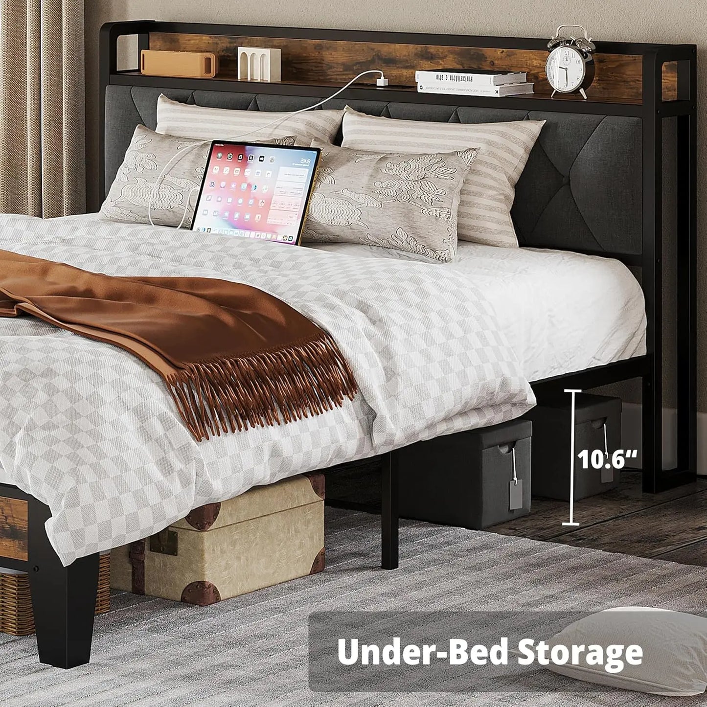 Anctor Bed Frames With Storage Headboard And Outlets No Noise No Box Springs