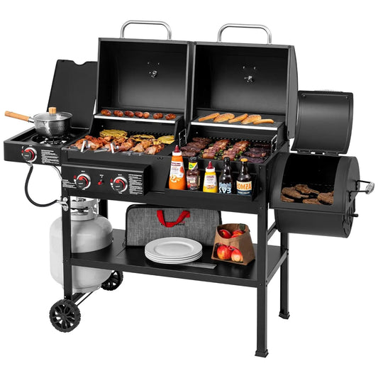 Dual Fuel Gas And Charcoal Grill With Offset Smoker And Side Burner