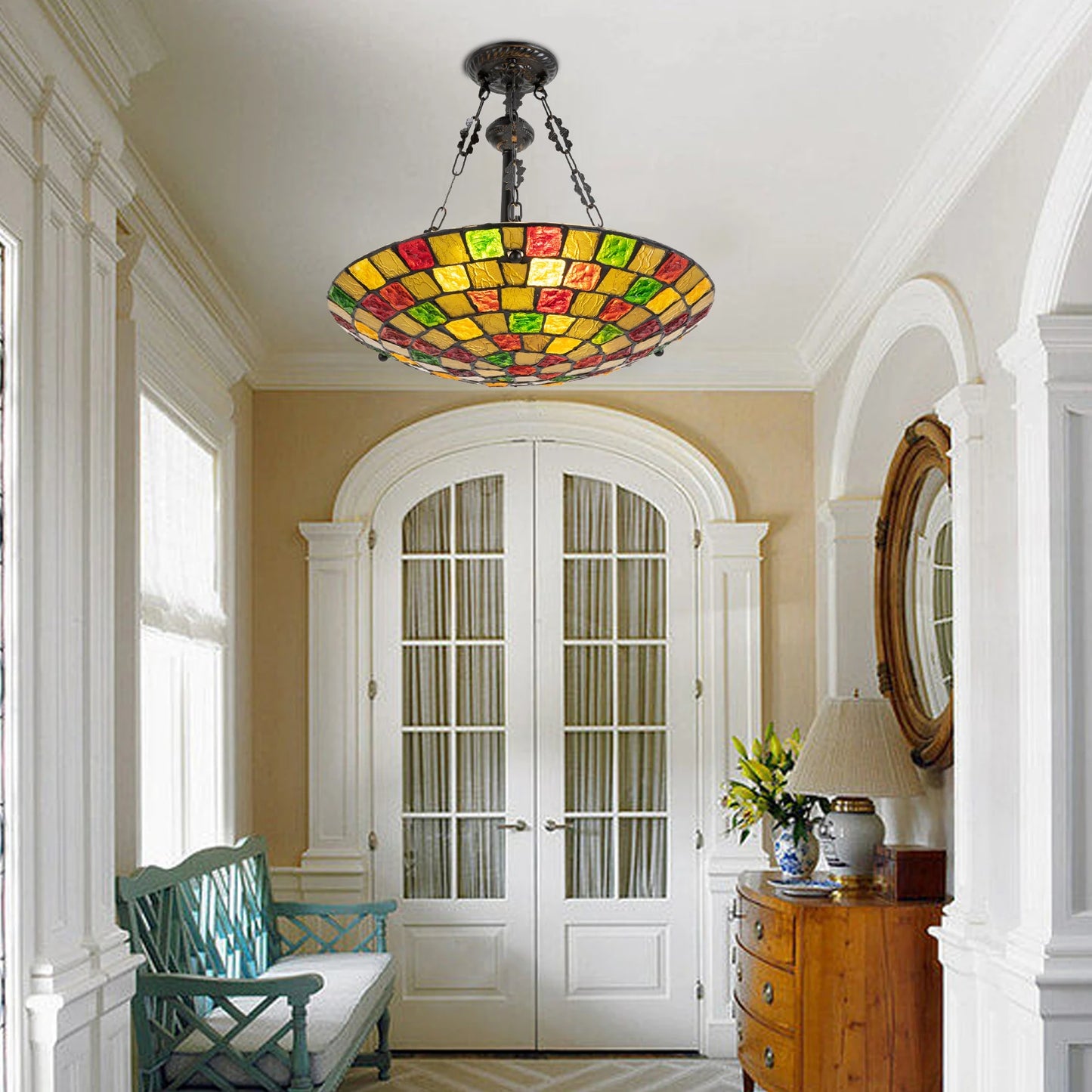 Bymaocar 60W Antique Stained Glass Inverted Tiffany Pendant