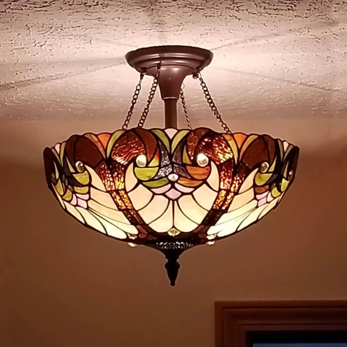 Tiffany Style Stained Glass Ceiling Light Victorian Semi Flush Mount